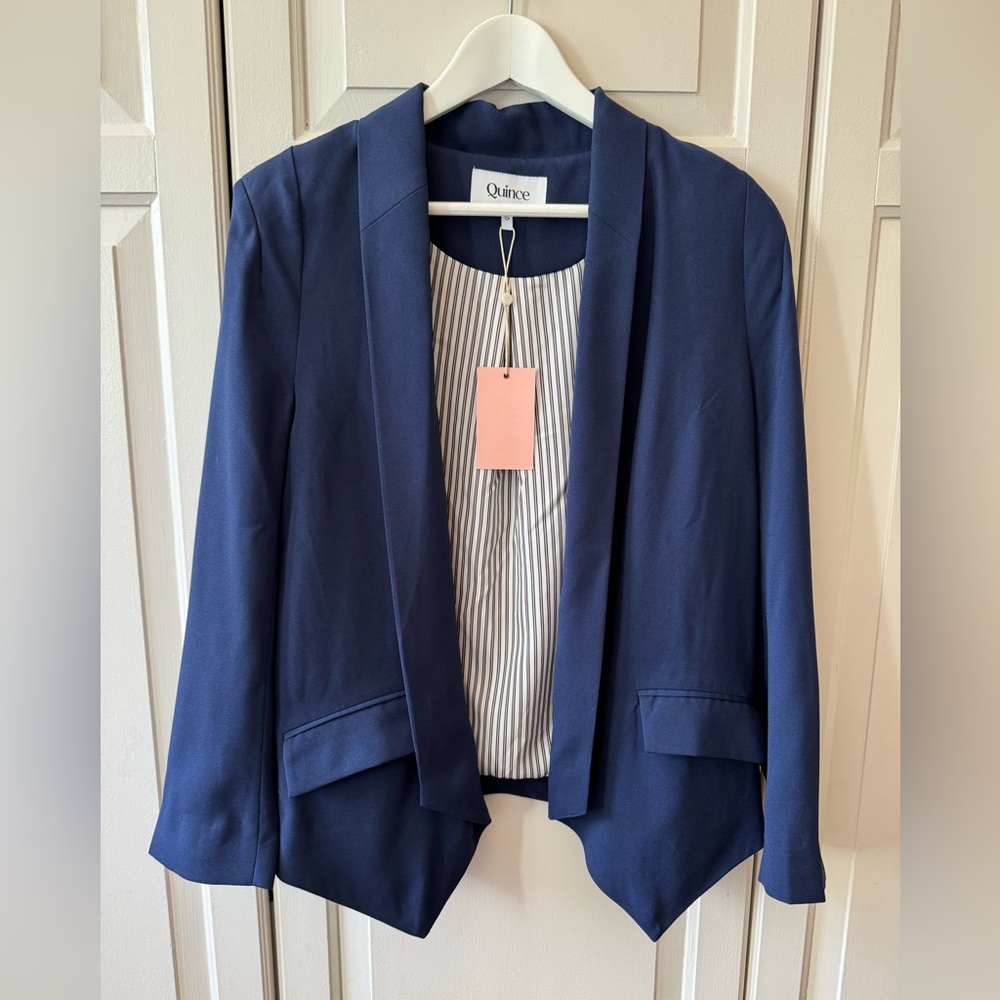 Quince Navy Stretch Crepe Open Blazer